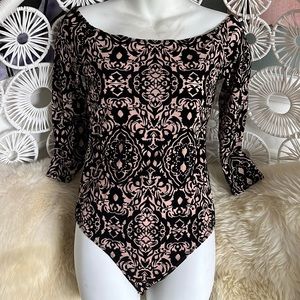 Intimately Free People nude mesh black velvet body suit medium NEW 3/4 sleeve